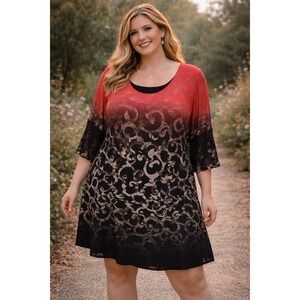 Boho Relaxed Travel Office Catherines Red Black Ombre Lace Soft Shift 5X Dress